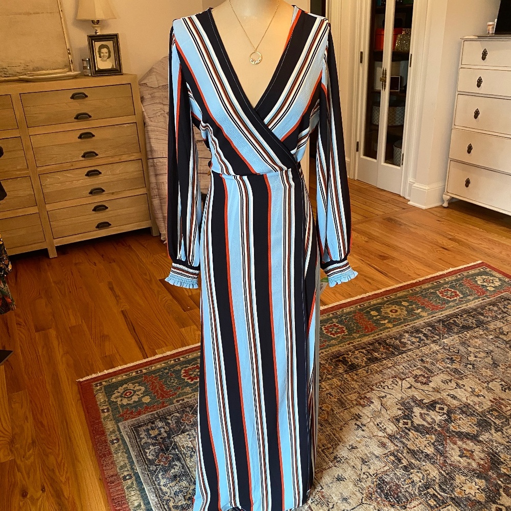 Striped Wrap Maxi Dress in Blue and Black